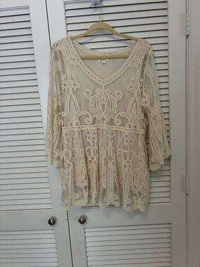 Ultra Pink Cream Lace Peasant Blouse